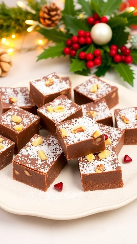A plate of rich chocolate fudge squares decorated for Christmas with powdered sugar and nuts.